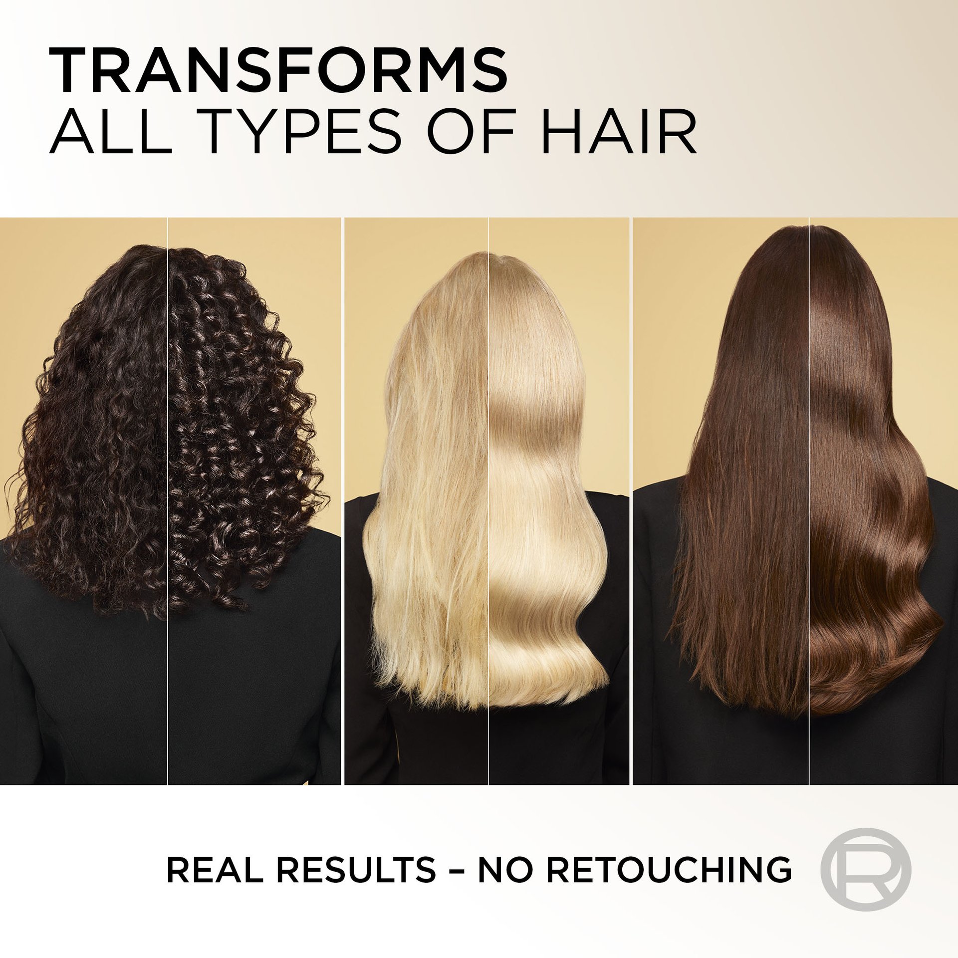 3 women from behind with frizzy hair before and straight hair after